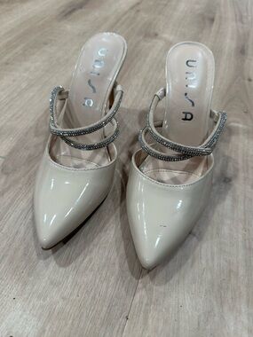 Unisa Cream Patent Pointed Mules with Rhinestone Double Straps
